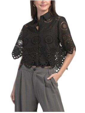LIV LOS ANGELES Eyelet Cropped Button Front Blouse